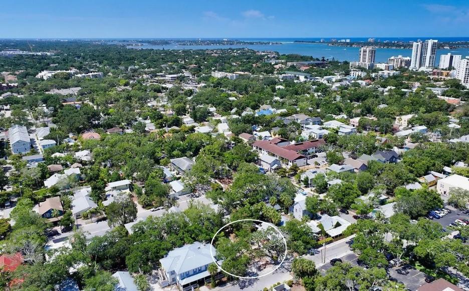 an aerial view of residential houses with city view