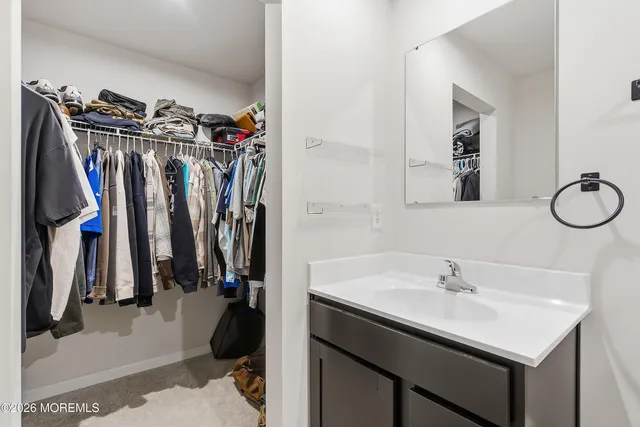 a bathroom with a sink vanity and a mirror
