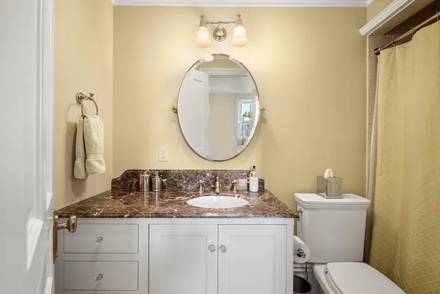 a bathroom with a granite countertop toilet sink and mirror