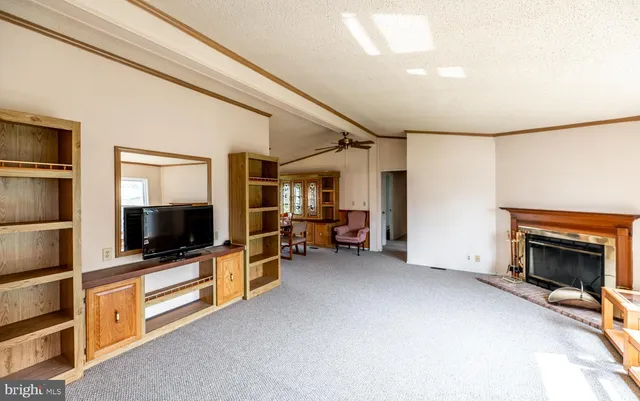 a view of a livingroom with furniture and a fireplace
