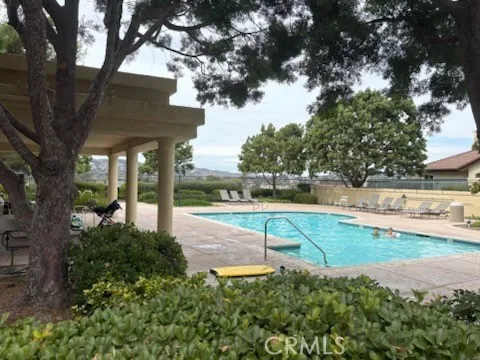 a view of a yard with plants and large trees