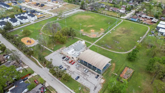 an aerial view of a pool
