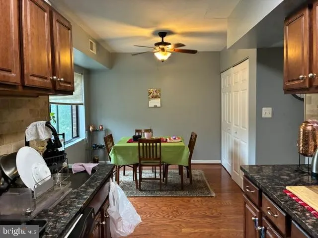 a view of a dining room with furniture