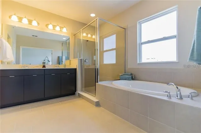 a bathroom with a tub a sink a mirror a vanity and window