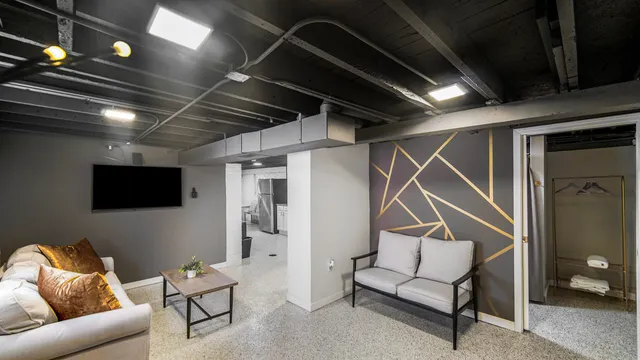 a bathroom with a sink vanity and a mirror