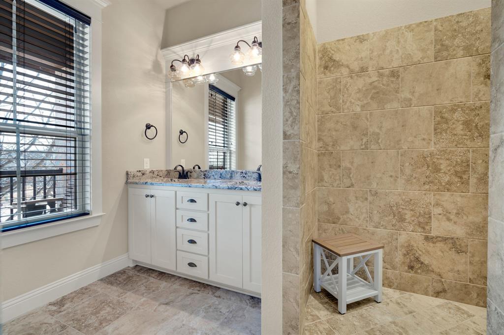 409 George Hopper Road Midlothian, TX 76065 - Photo 22 of 26 a bathroom with a granite countertop sink a mirror and a shower