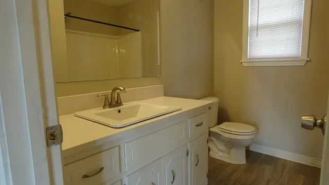a bathroom with a sink toilet and mirror