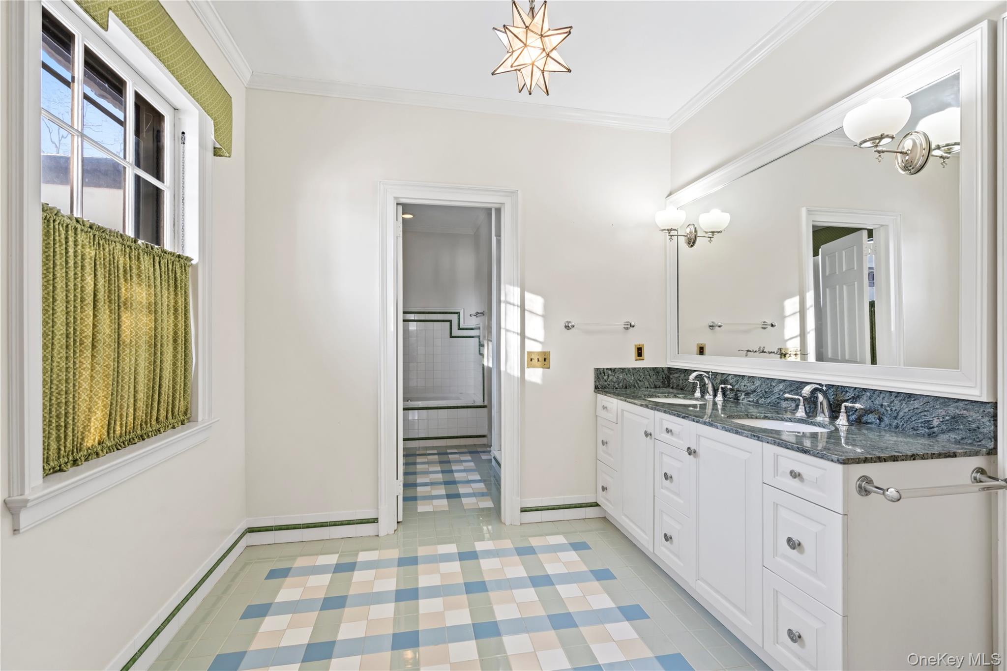 203 Store Hill Road Old Westbury, NY 11568 - Photo 20 of 50 a bathroom with a granite countertop sink a mirror and a shower