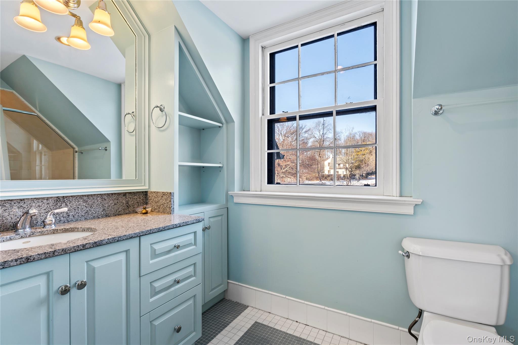 203 Store Hill Road Old Westbury, NY 11568 - Photo 23 of 50 a bathroom with a granite countertop sink a toilet and a window
