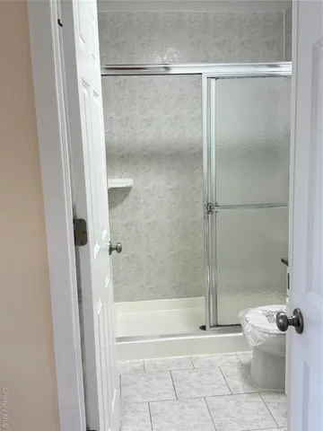 a bathroom with a shower and a toilet