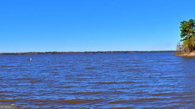 a view of an ocean with a table and chairs