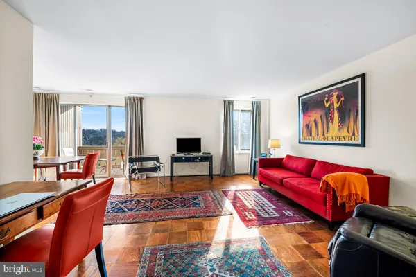 a living room with furniture a rug and a window