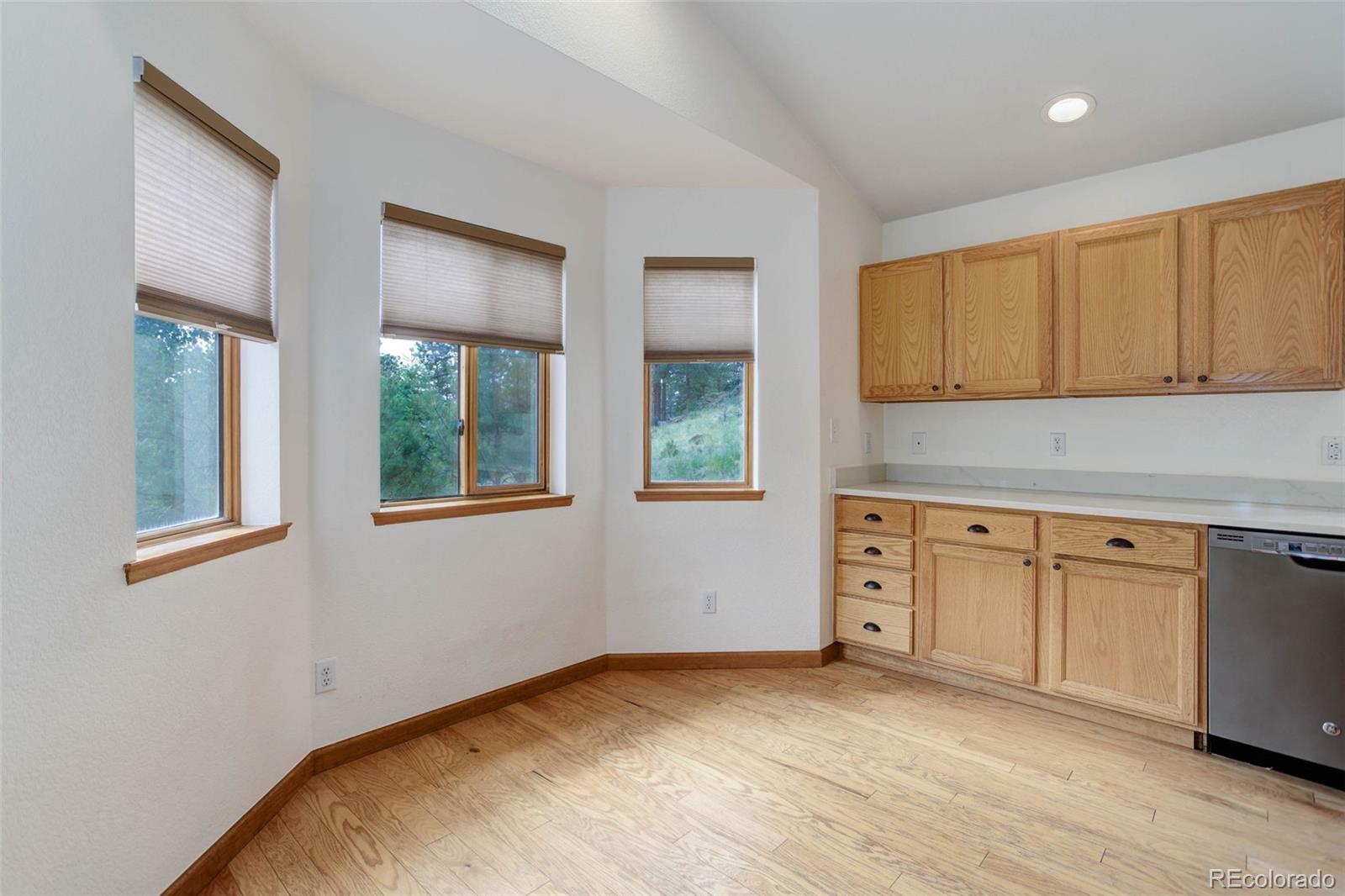45 Catamount Ridge Road Bailey, CO 80421 - Photo 20 of 39 a kitchen with granite countertop cabinets stainless steel appliances wooden floor and a window