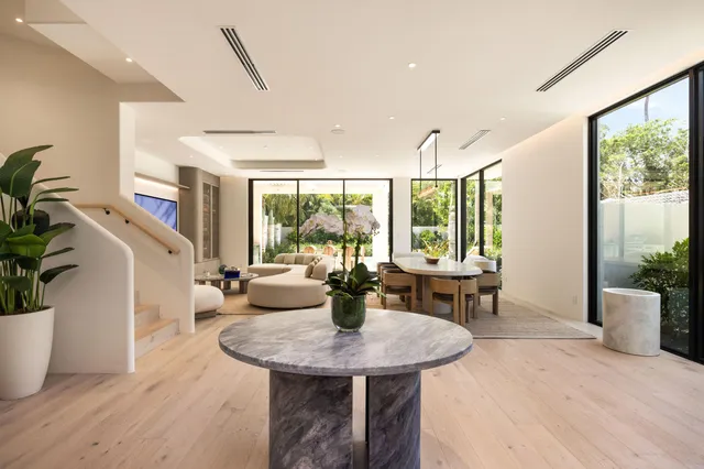 a living room with furniture a large window and potted plant