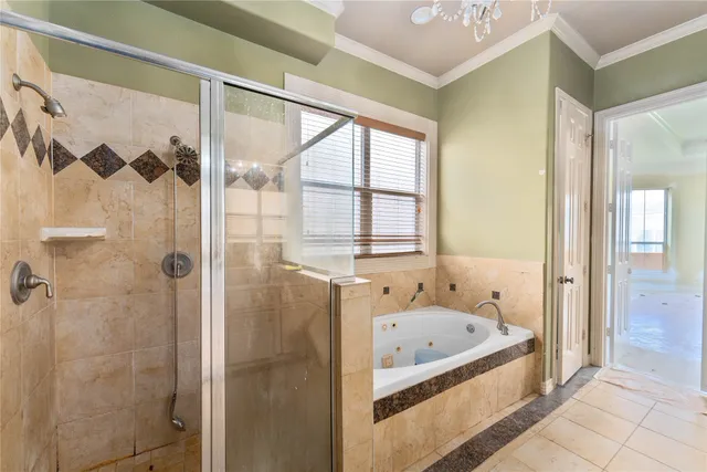 a bathroom with a bathtub and a shower