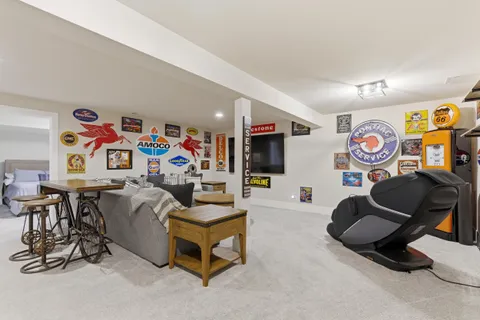a living room with furniture and a table