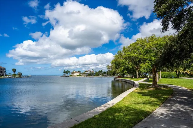 a view of a lake with houses in back