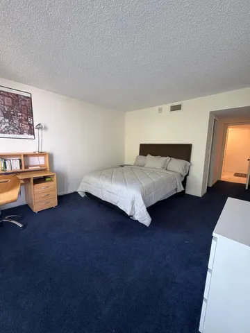 a spacious bedroom with a bed and a desk