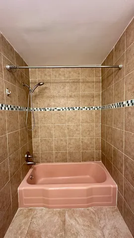 a bathroom with a bathtub and a shower