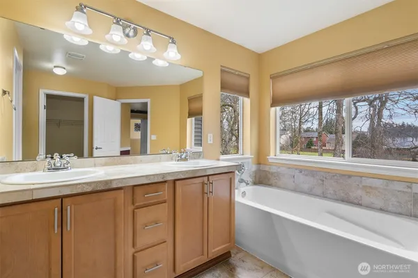 a bathroom with a large tub sink and double vanity