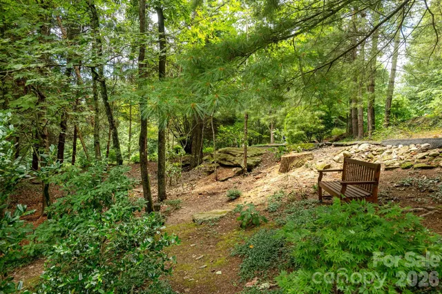 a view of a bench in a garden