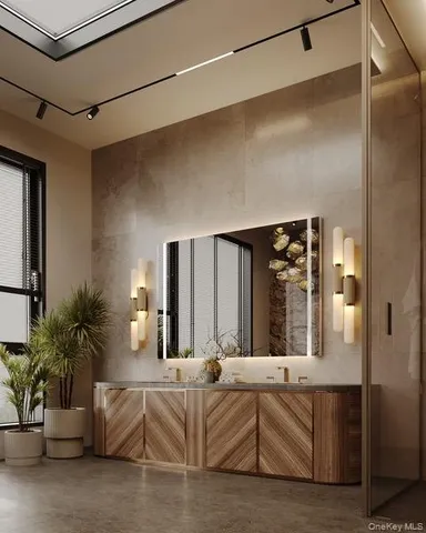 a bathroom with a bathtub and shower