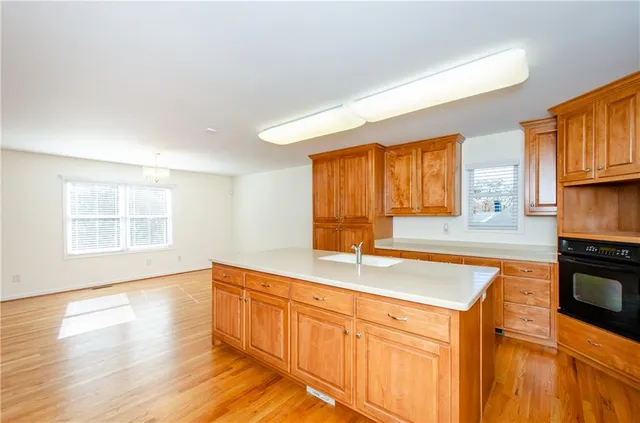 a kitchen with stainless steel appliances granite countertop a sink a stove cabinets and wooden floor