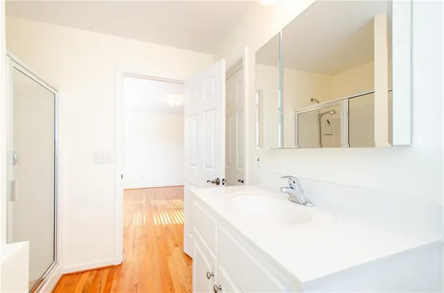 a bathroom with a sink a mirror and a shower