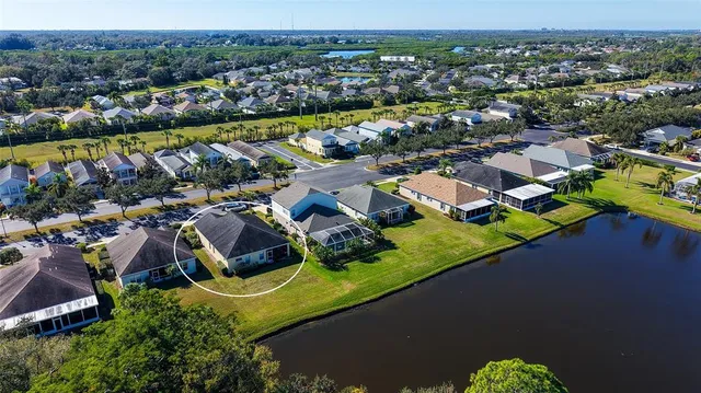 a view of a park with swings and slides