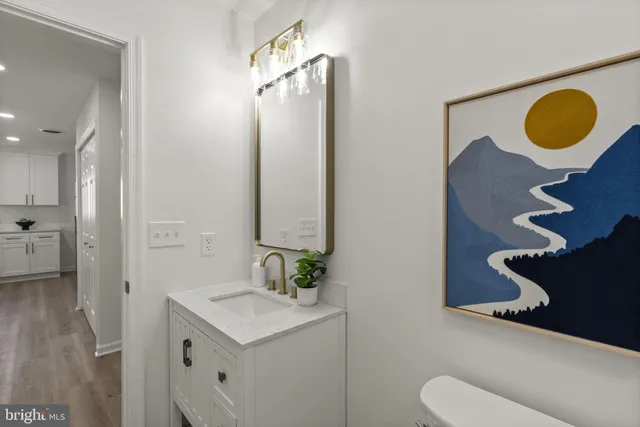 a bathroom with a toilet sink vanity and mirror