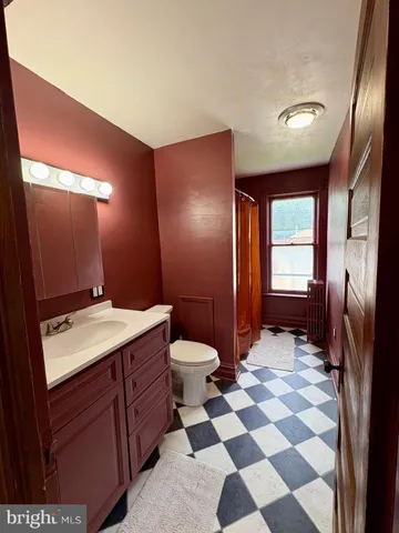 a bathroom with a sink a toilet and mirror
