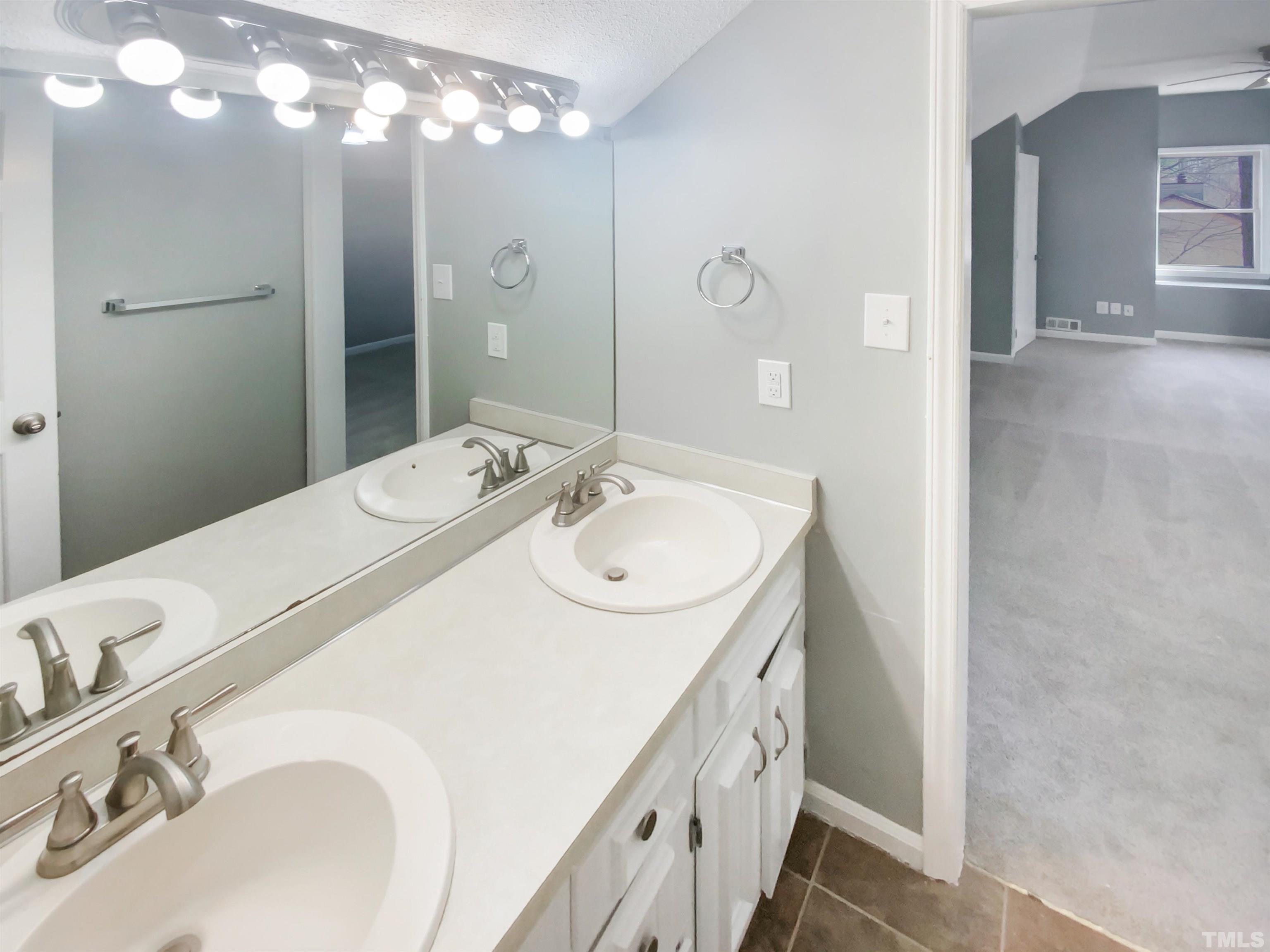 6920 Glendower Road Raleigh, NC 27613 - Photo 28 of 32 a en suite bathroom with a double vanity sink and a mirror