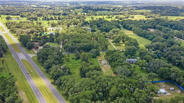 an aerial view of residential houses with outdoor space and trees