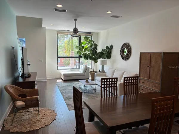 a view of a dining room with furniture