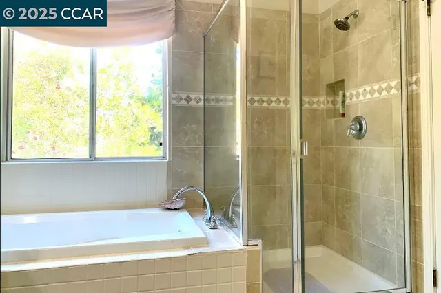 a bathroom with a bathtub and a shower