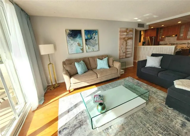 a living room with furniture and a rug