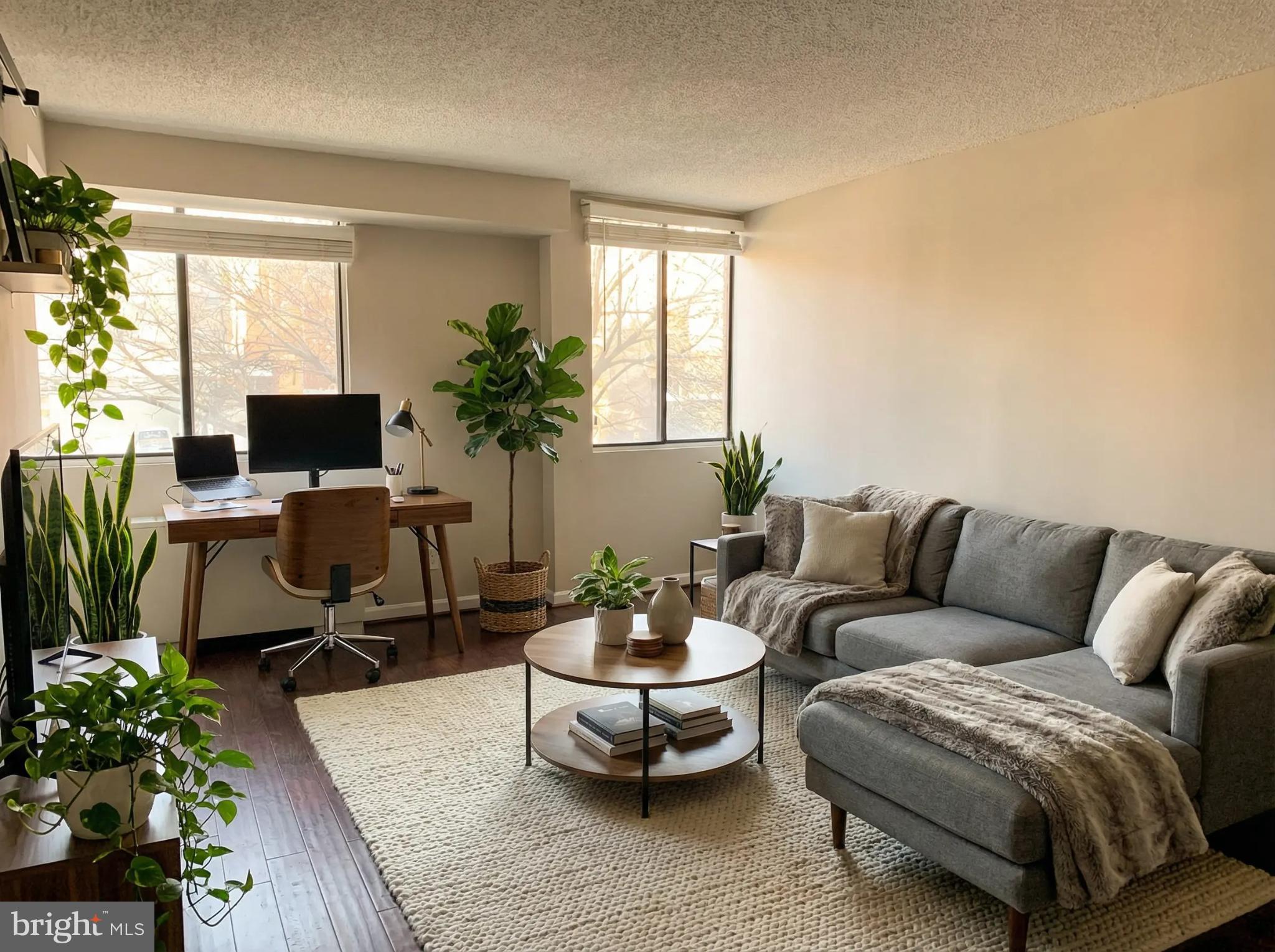 a living room with furniture potted plant and a large window