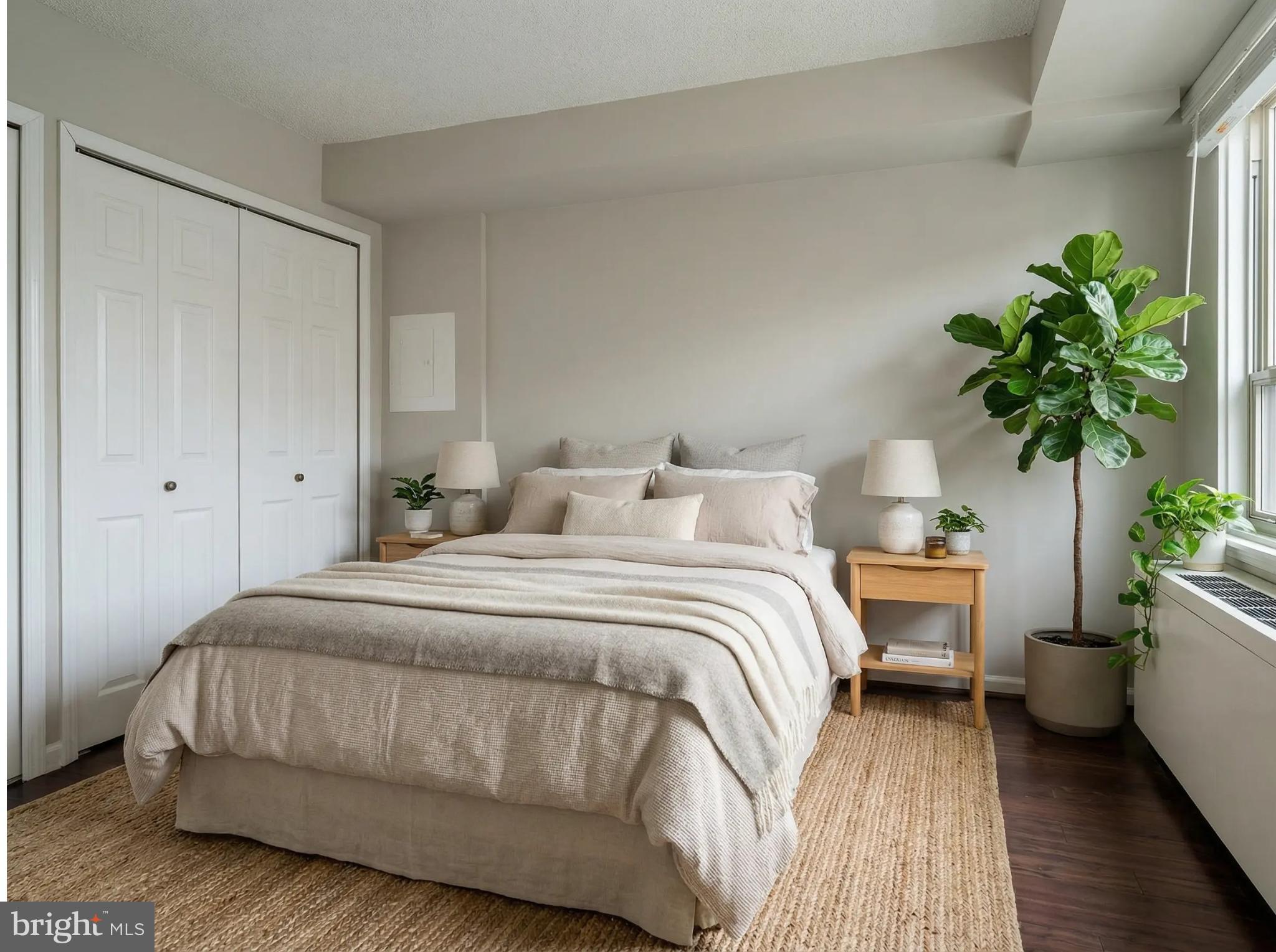 1245 13th Street Northwest, Unit 208 Washington, DC 20005 - Photo 7 of 19 a bedroom with a bed potted plant and a window