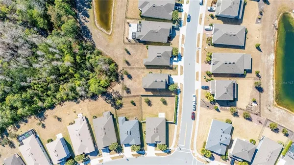 aerial view of a house with a yard and large trees