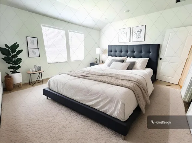 a bed sitting in a bedroom next to a lamp