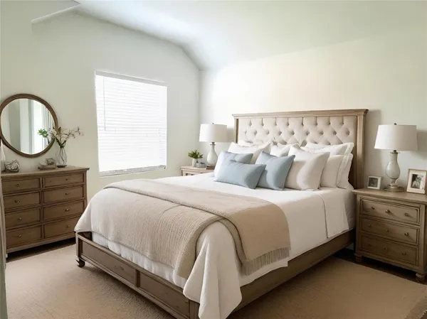 a bedroom with a bed and a dresser