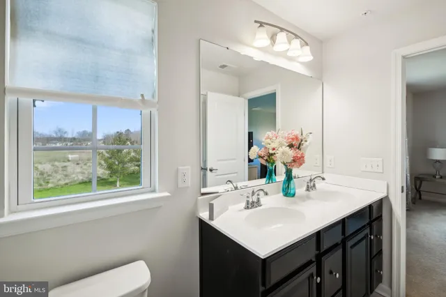 a bathroom with a sink vanity and a mirror