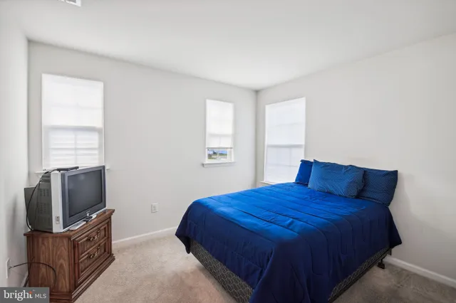 a bedroom with a bed television and a window