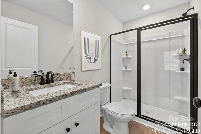 a bathroom with a granite countertop sink toilet and shower