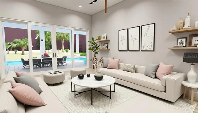 a living room with furniture and a large window