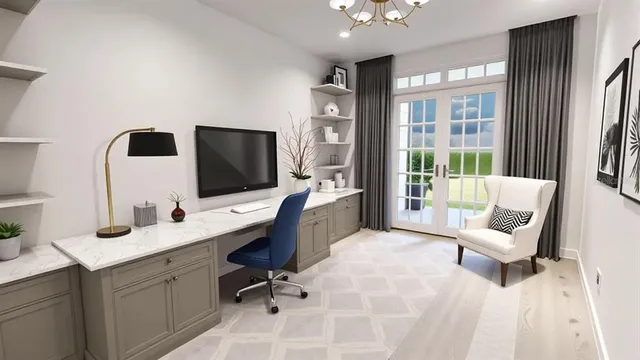 a view of a workspace with furniture and a window