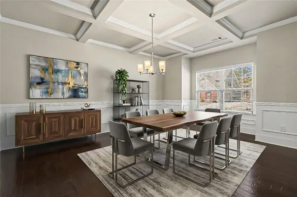 a view of a dining room with furniture window and wooden floor