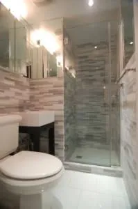 a bathroom with a toilet and a shower