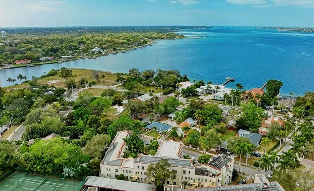 a view of a lake with a city