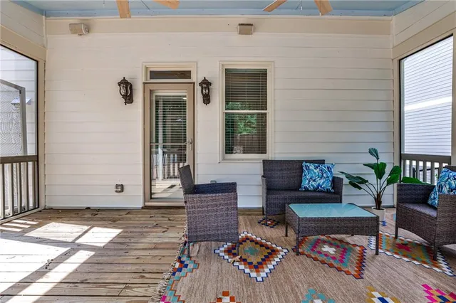 a building outdoor space with patio furniture